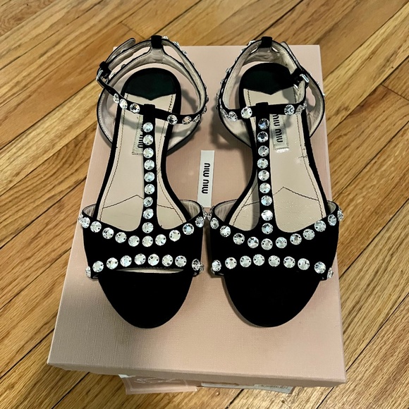 COPY - Miu Miu Crystal Embellished Strappy Flat Sandals Size 36 - Picture 1 of 9